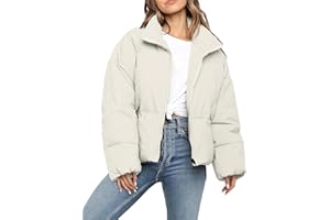 Polu Women's Winter Cropped Puffer Jacket Oversized Long Sleeve Full Zip Puffy Coat Warm Quilted Jacket with Pockets