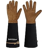 HANDLANDY Long Gardening Gloves for Men & Women, Pigskin Leather Rose Pruning Gloves, Breathable Thorn Proof Gauntlet Glove (Brown-Pigskin, M)