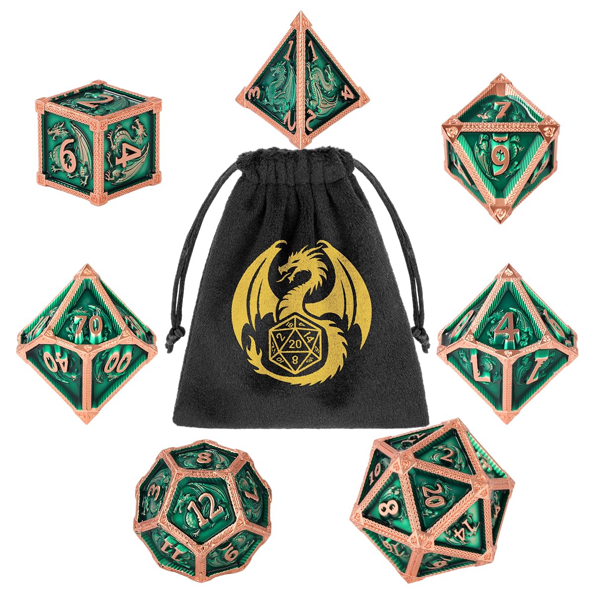 Metal Dice Set, Dragon Pattern, 7pcs Polyhedral Metal DND Dice Set, DND Starter Set, D&D Gifts with Gift Bag, Role Playing Board Games Accessories, Green — image 1