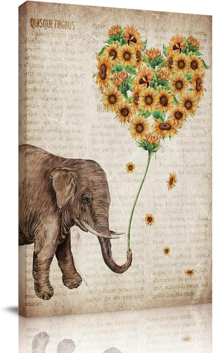 Big buy store Canvas Wall Art Picture Elephant Sunflowers Print On Canvas Giclee Artwork Vintage Newspaper Home Office Decorations Wall Decor Ready to Hang - 18x12 inches