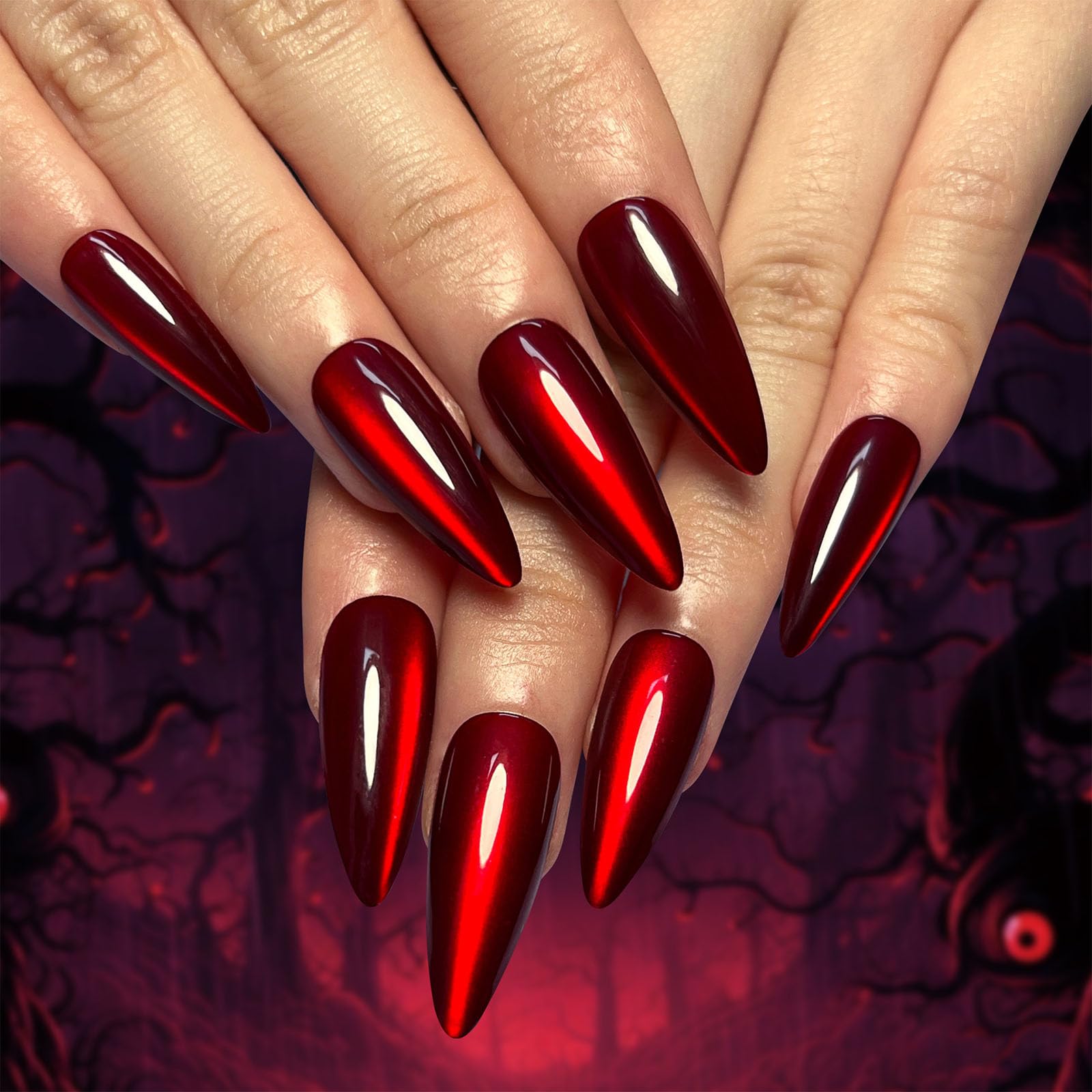 Photo 1 of Red Halloween Press on Nails Long Almond Blood Red Cat Eye Fake Nails with Gradient Glitter Design Shiny Witch Fake Nails Full Cover Glossy Acrylic Nails Stick on Nails for Women Girls 30 Pcs