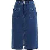CIMUK Women's Denim Skirt High Waisted Front Pockets Stretchy Below Knee Length Jean Skirts
