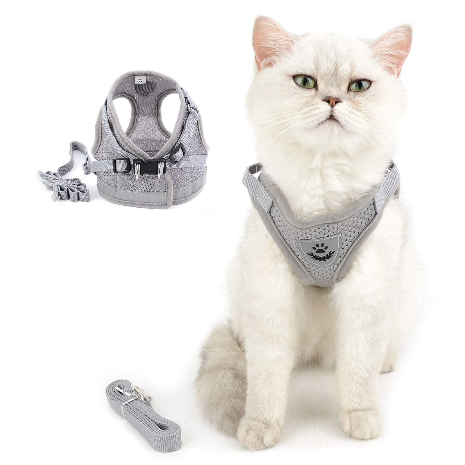 SELMAI Escape proof Cat Harness and Leash Mesh Reflective No Pull No Choke Step-in Padded Vest for Kitten Small Pet Puppy Doggies Easy on off Dog Leads Walking Training Outdoor Gray M