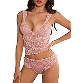 Kolagri Womens Sexy Lace Pajamas Lingerie Set Floral Sheer Sleepwear See Through Cami Panty 2 Piece Nightwear