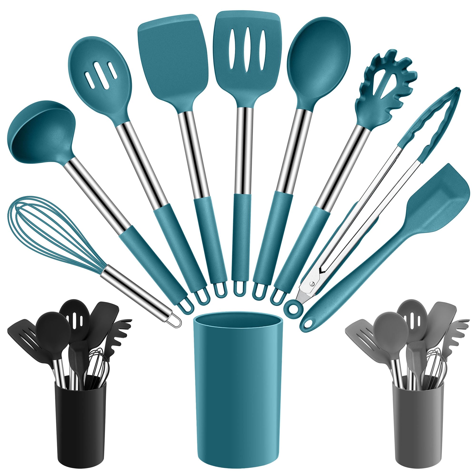 Joyfair Kitchen Utensils Set, 10 Pcs Silicone Cooking Utensils Set with Stainless Steel Handle, Heat Resistant Cooking Tools Spatula Turner Spoon with Holder, Dishwasher Safe & Non Scratch, Blue