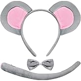 Mouse Costume Ears-Headband-Tail-Bow-Tie Accessories Set : Standing Up Grey and Pink Ears Headband and Tail, Bow Tie Mouse Halloween Accessories Set - for Adult Toddlers and Kids