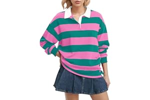 Lenader Women Long Sleeve Striped Polo Shirt Oversized Collar Y2k Pullover T Shirt Casual Loose Streetwear Rugby Sweatshirt