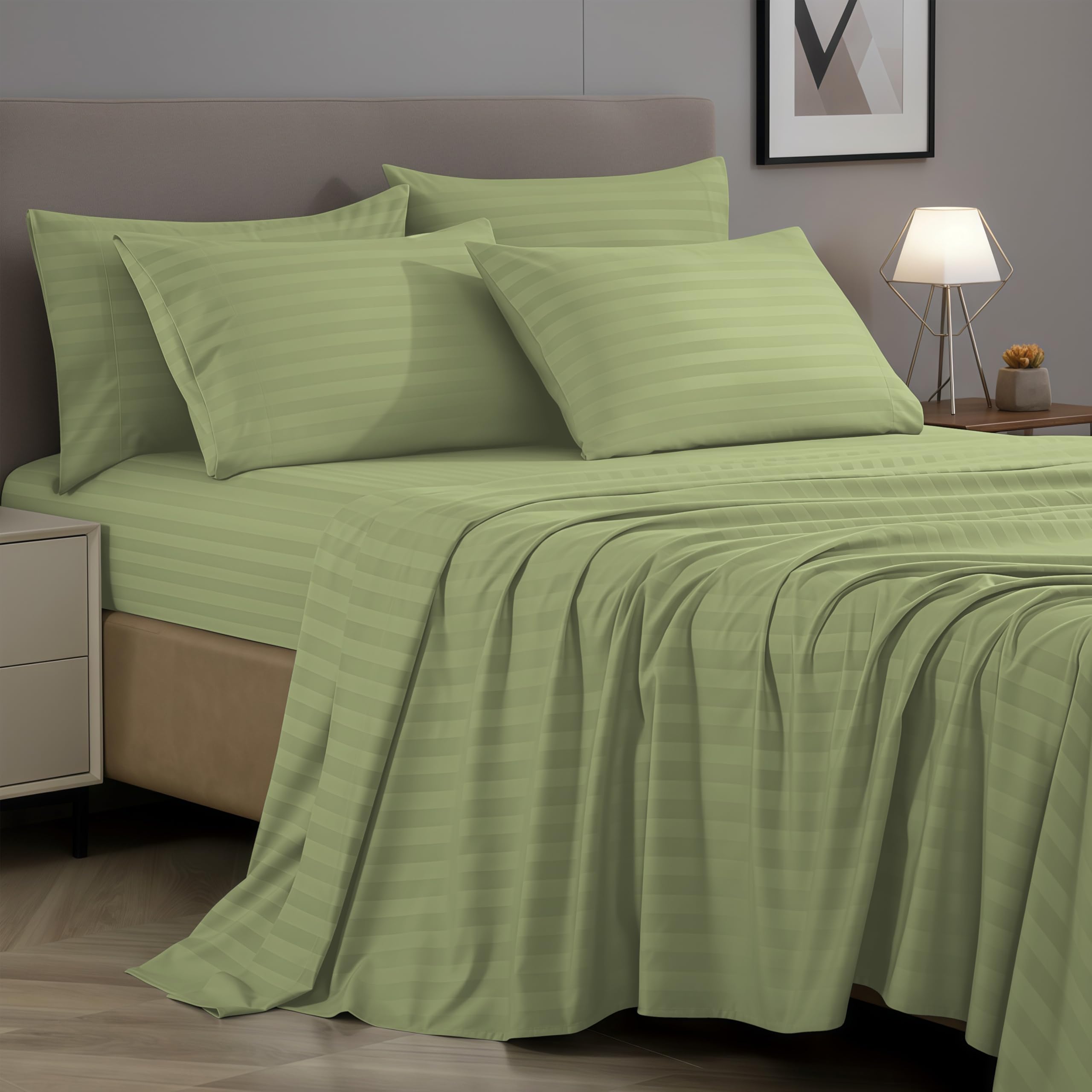 Elegant Comfort Super Silky Soft - 1500 Thread Count Egyptian Quality Luxurious Wrinkle, Fade, Stain Resistant 6-Piece STRIPE Bed Sheet Set, Queen Green