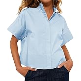 Cicy Bell Womens Cropped Short Sleeve Button Down Shirts Pleated Summer Dressy Casual Blouse Stand Collar Loose Fit Tops