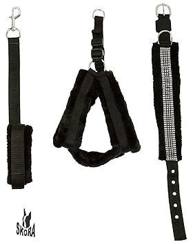 Skora Nylon Fur Large Dog Harness, Collar and Leash (Black, Chest Size: 28-34 Inch)