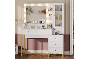 Tiptiper Makeup Vanity with Lights & Charging Station, Large Vanity Desk with Mirror and Lights, Makeup Table with 5 Drawers & Shelves, White and Gold
