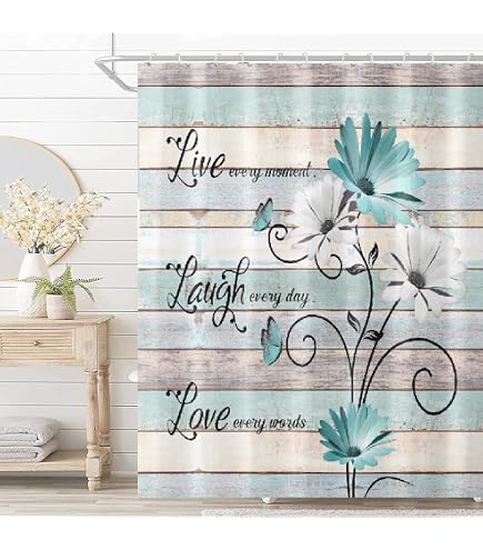 Beach Barn Door Shower Curtain - Teal Ocean Sunrise Seascape Polyester Bathroom Curtain