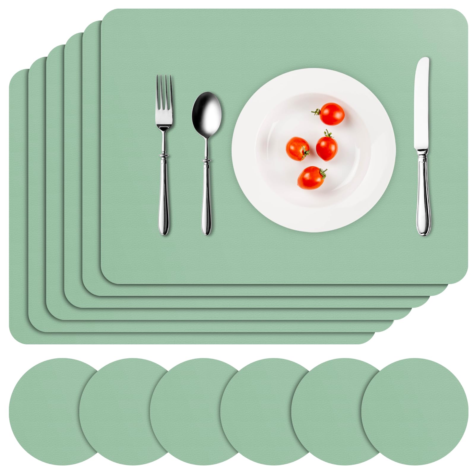 Photo 1 of APLKER Vinyl Placemats Set of 6, Waterproof Faux Leather Heat Resistant Kitchen Place Mats, Wipeable Dining Table Place Mats and Coasters for Kitchen, Dining, Decor, Outdoor (Lettuce Green)