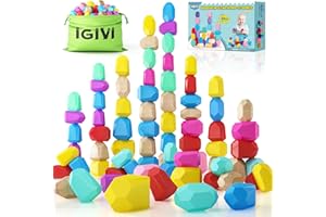 IGIVI Montessori Toys Rainbow Wooden Stacking Rock Set - 42 Natural Wood Blocks - Early Learning Sensory Toys for Toddlers - Birthday Gifts Toys for 2-4 Year Old Boys & Girls