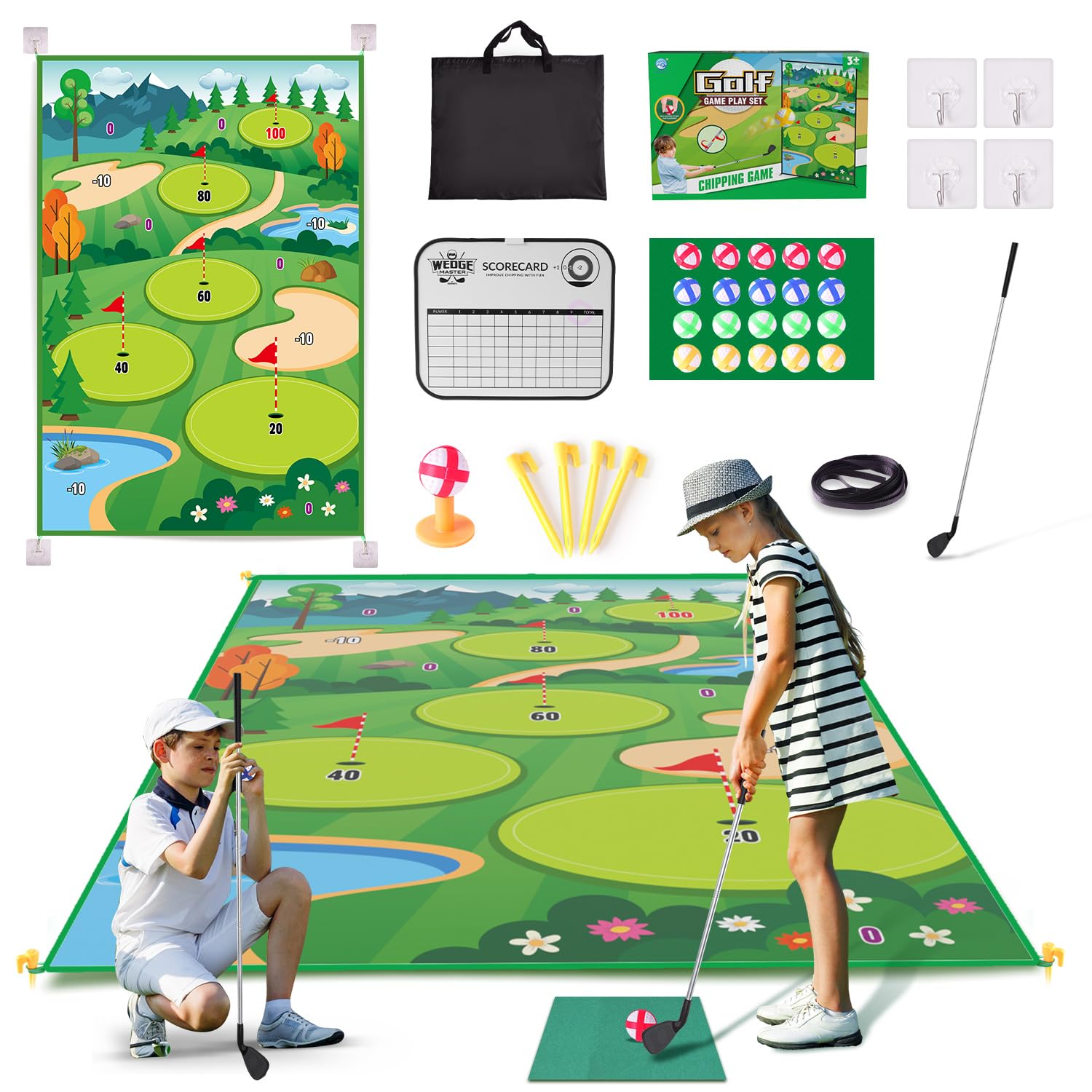 Clemas Premium Chipping Golf & Dart Practice Mat Set - Indoor/Outdoor Game Kit for Family Fun - Includes Golf Club, Sticky Balls, Club Tee, Scoreboard, and Accessories