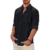 DEMEANOR Mens Linen Shirt Long Sleeve Casual Cotton Solid Regular Fit Wedding Summer Beach Button Down Shirt