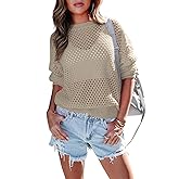 Doshoop Women's Crochet Crewneck Lightweight Hollow Out Long Sleeve Sexy Knit Sweater