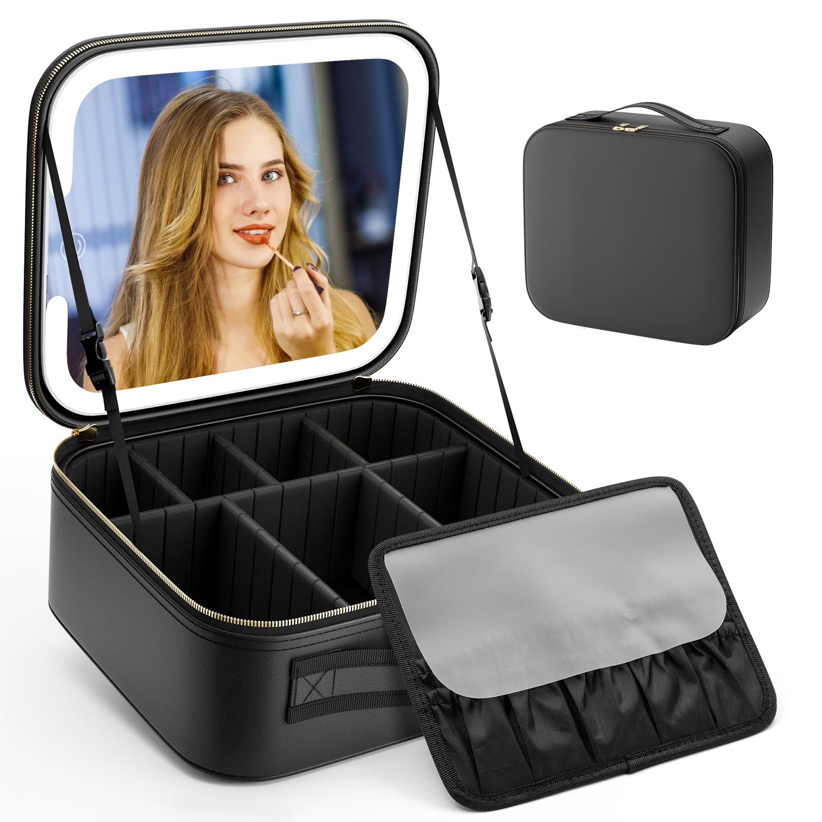 Portable LED Travel Makeup Bag: Neatly Organize Your Makeup On-The-Go with Adjustable Brightness Mirror, Waterproof PU Leather, and Adjustable Compartments