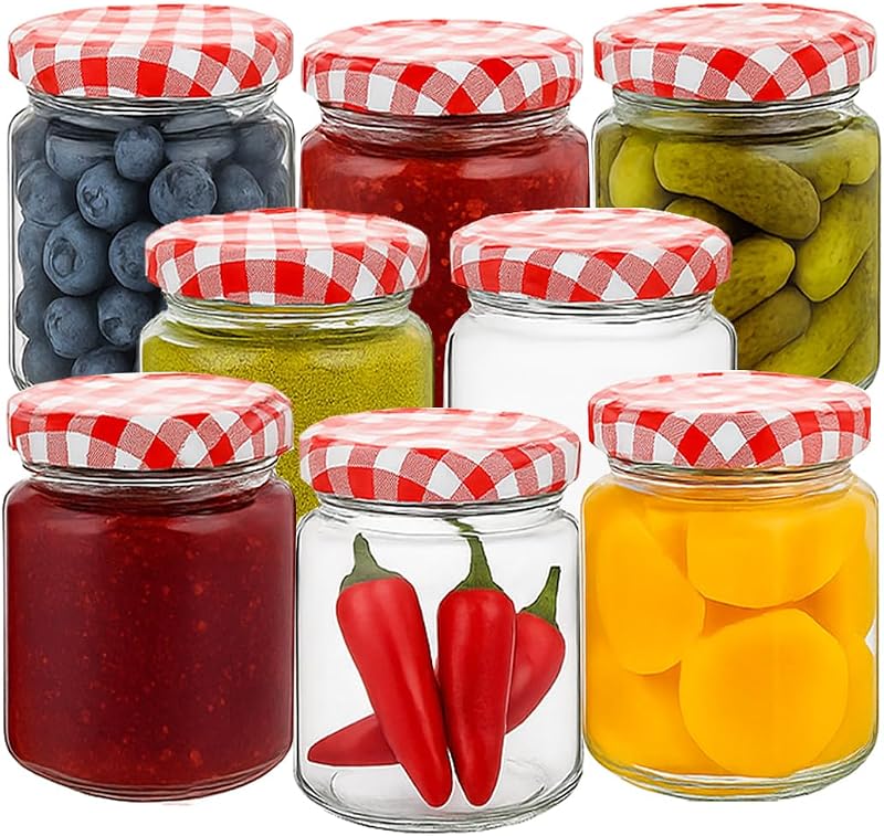 Offer Shop 190ml Glass Jam Jars with Red Gingham Lids - 8 Set