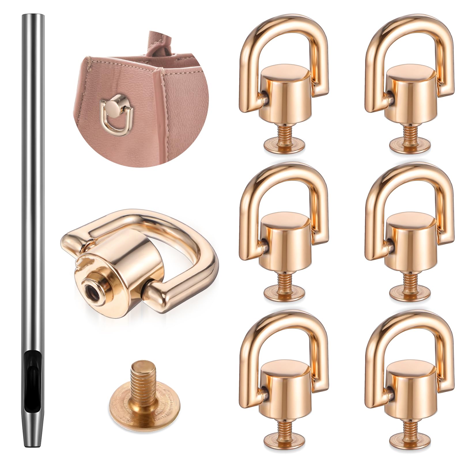 Photo 1 of  Pcs D Rings for Purse Heavy Duty Leather Rivets Button and Stud Screw 360 Degree Rotatable Metal D Ring Swivel Ball Studs for Purse, Bag Hardware, DIY Leathercraft, Crossbody Conversion Kit(Gold)