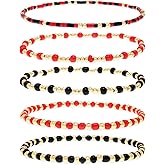 Tyebiva Gold Beaded Stack Bracelets Set for Women, Trendy Boho Handmade Red Black Beads Stackable Stretch Bracelet Everyday Fashion Jewelry Gift.