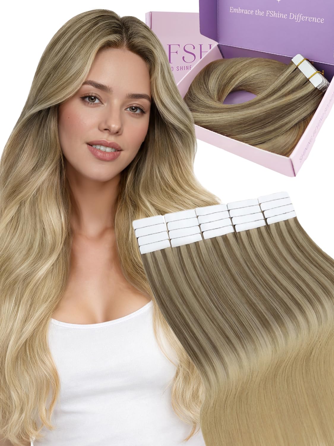 Fshine Real Human Hair Tape in Extensions,16 Inch 20 pcs 50 g,Straight Natural Look Double Sided Tape,Color 10 16 16 Light Blonde to Ash Blonde,Perfect for Thin Hair Daily Wear — image 1