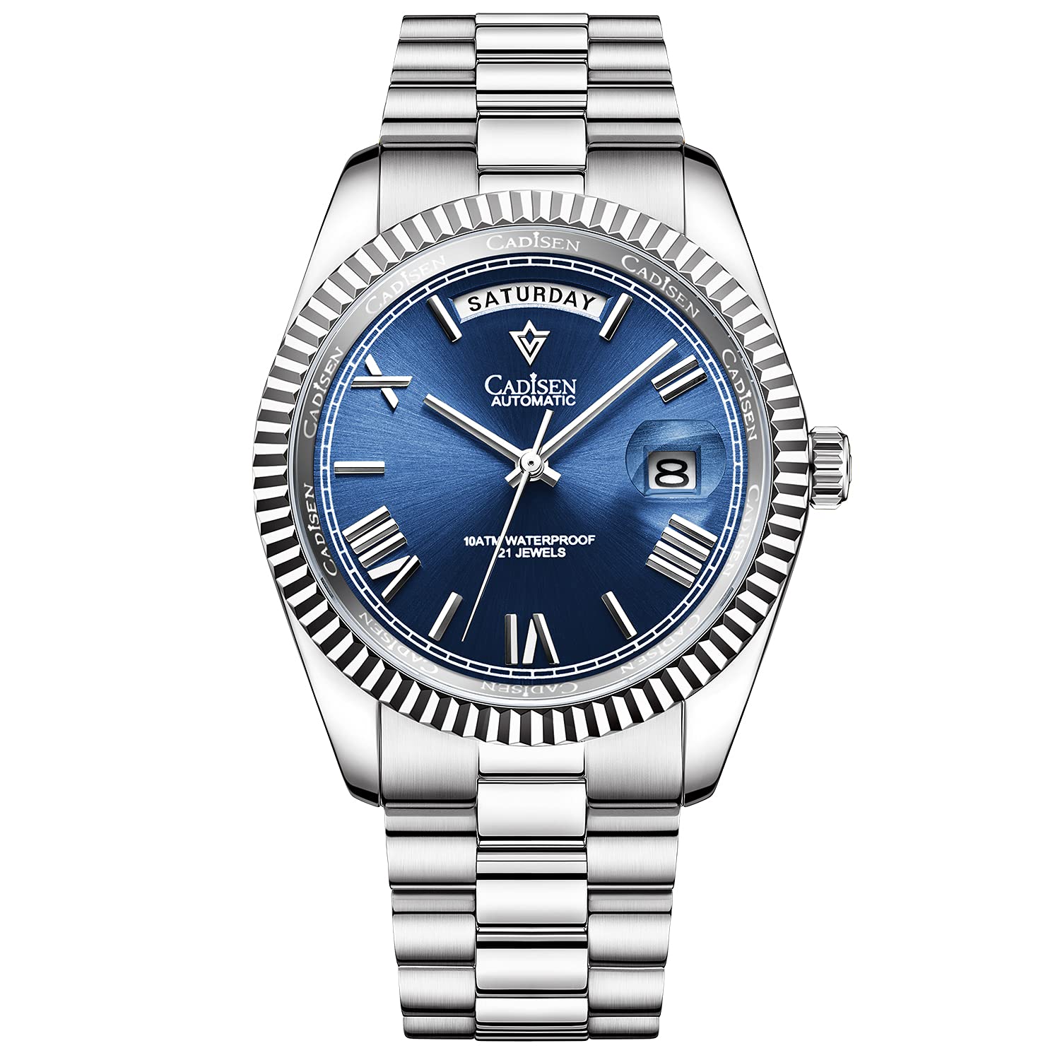 CADISEN Automatik Uhr Herren MIYOTA 8285 Mechanische Automatikuhr Saphirglas Und Edelstahlarmband Uhr (Blau)