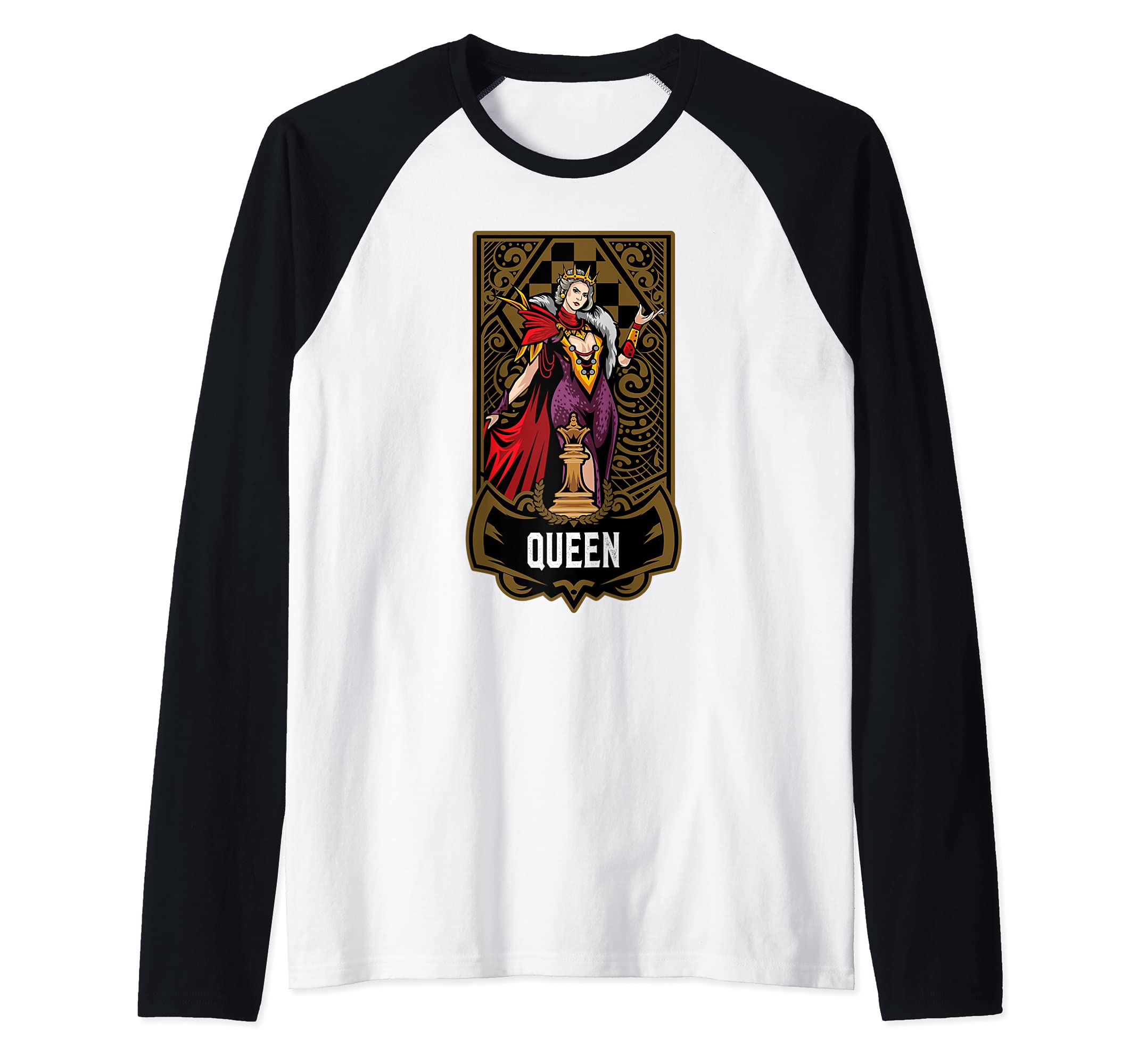 Queen Chess Game Piece Chess Club Players Gambit Red Team Raglan Baseball Tee