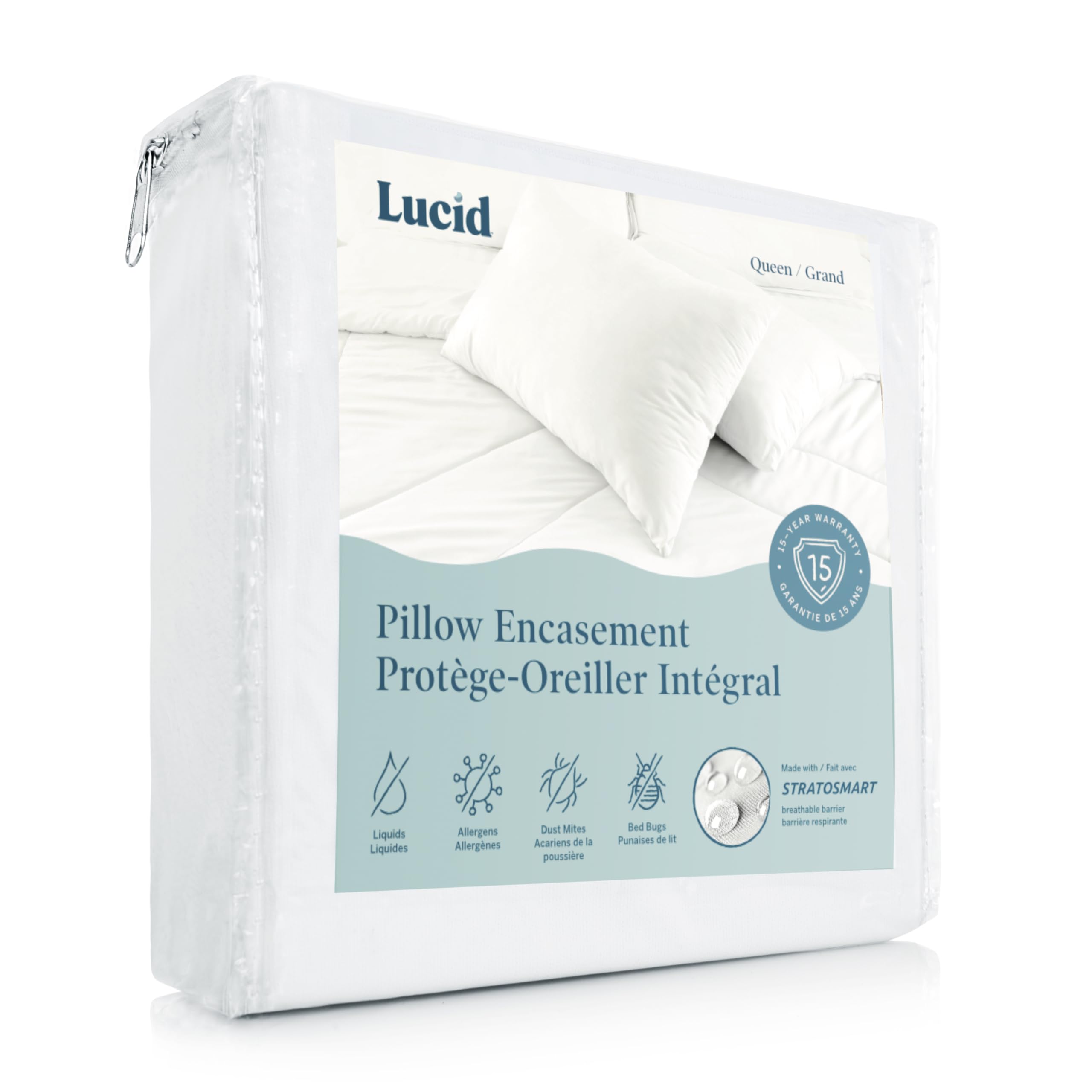 LUCID Zippered Encasement Pillow Protector - Waterproof, Allergen Proof, Bed Bug Proof Protection - 15 Year Warranty - Vinyl Free - Standard Size - Set of 2, White
