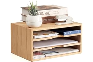 KIRIGEN Wooden Desktop Organizer Paper Storage Letter Tray File Sorter - Desk Rack Magazine File Dividers Holders for Home Office Accessories Wood Desk Cabinet with 3 Layer Trays Natural(3KWJG-NA)