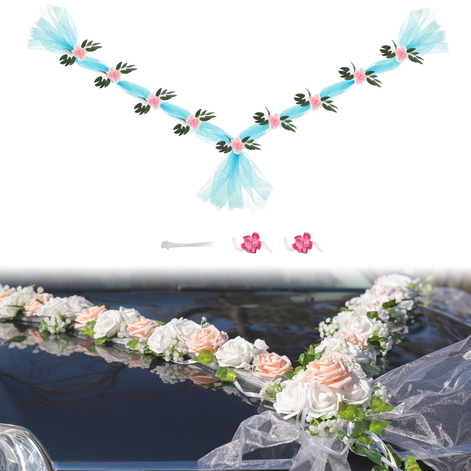 PATIKIL Wedding Car Flower, Artificial Flowers Bouquet Set Wedding Car Decoration for Decoration Handle Ornament Supplies Party, Blue, Pink