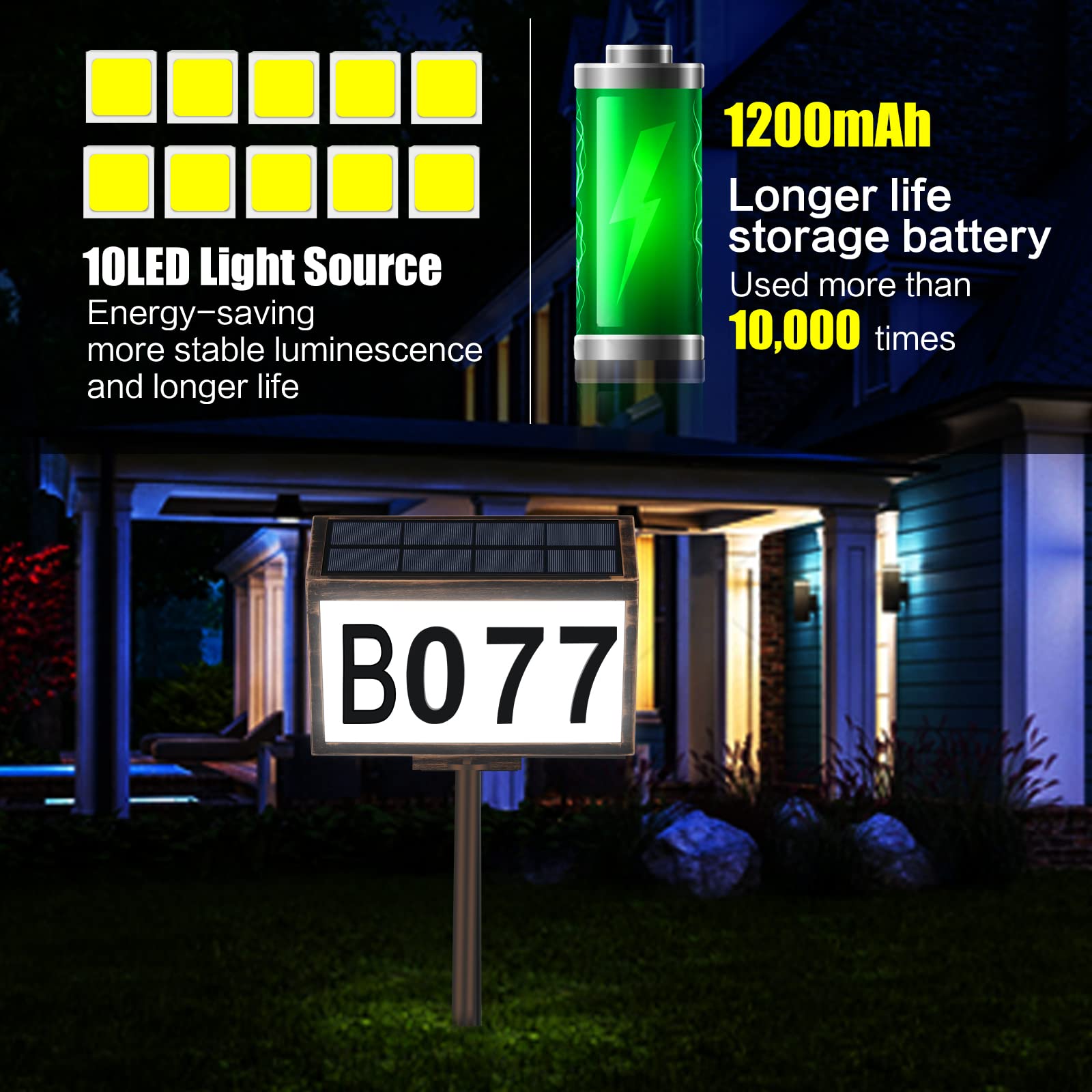 N.thr Dual-use Solar Lighted House Address Numbers Sign,LED Illuminated Waterproof Light Outdoor Address Plaque for Home Yard Garden House Wall-mounted and vertical dual-use Address Numbers Sign