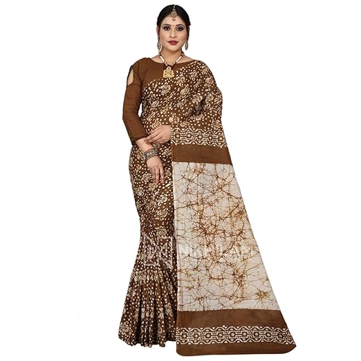 Nikhilam Cotton Hand Block Wax Batik Saree for Womens with Blouse Piece