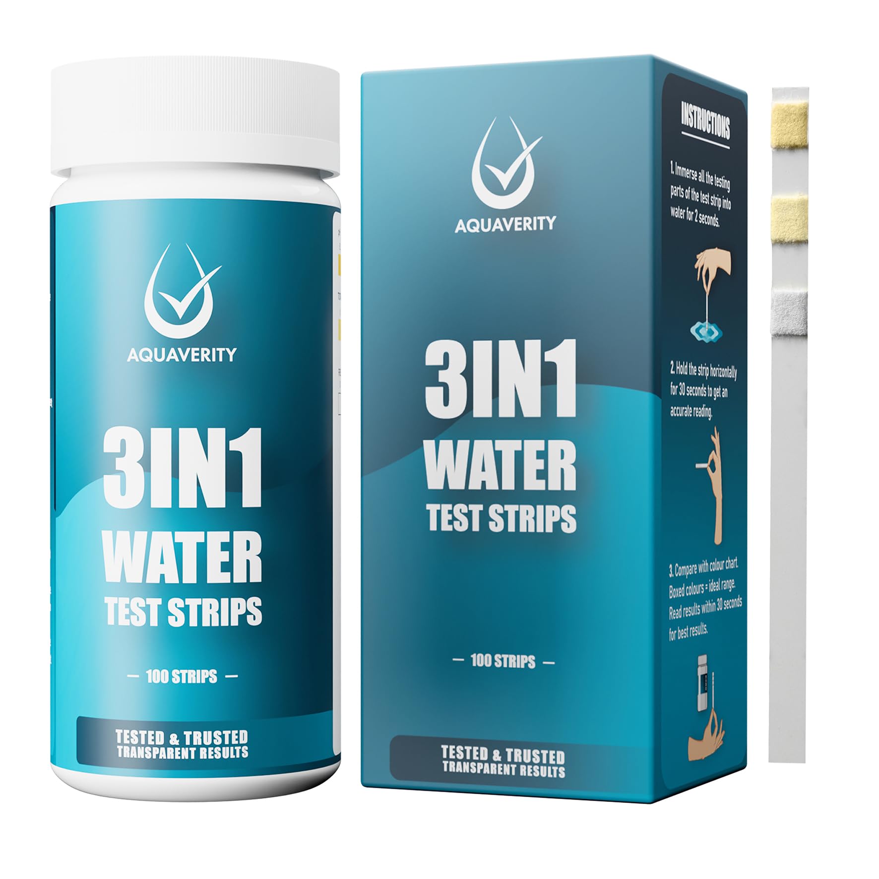 AQUAVERITY Hot Tub Test Strips 3 in 1, 100 Pool, Spa and Hot Tub Testing Strips for Total Alkalinity, Free Chlorine and Bromine and pH, Accurate 3 in 1 Water Testing Pool and Spa Test Strips
