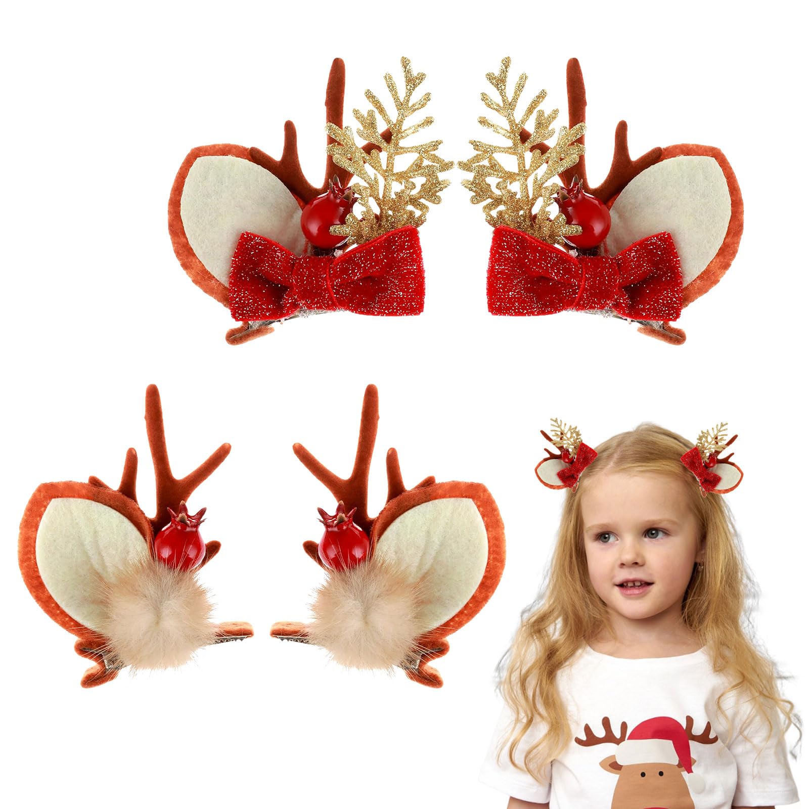 4PCS Reindeer Antlers Christmas Hair Clips,Christmas Hair Accessories Hairpin,Cute Girl Christmas Day Hair Clip,Elf Deer Ear Antlers Headdress for Women Kids Adults and Party Favors Ornament Gift