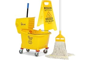 Simpli-Magic Side Press Wringer Combo Commercial Mop Bucket on Wheels, 35 Quart,Yellow, Including Wet Floor Caution Sign and Mop Set