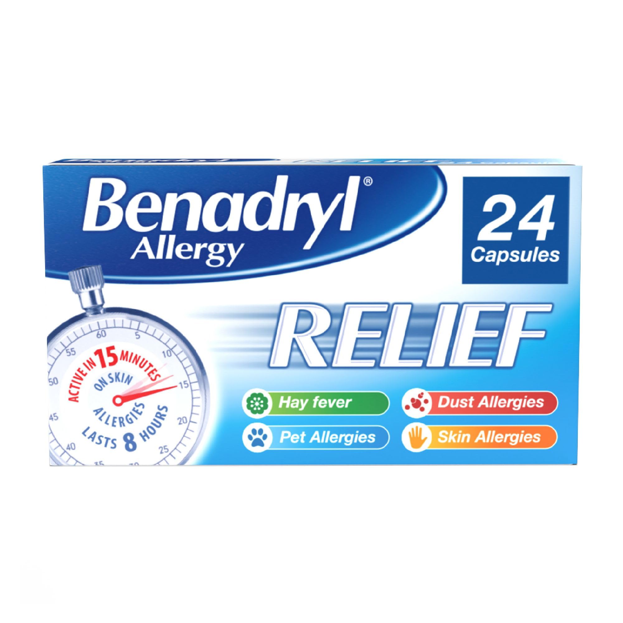 Benadryl Allergy Relief Capsules (1 x 24), Antihistamine Capsules with Acrivastine, Hayfever Tablets for Relief, Suitable for Pet, Dust, and Skin Allergies