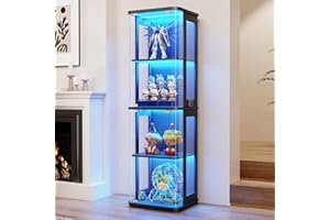BROTTAR Rounded Display Cabinet with Glass Door, 4-Tier Curio Cabinet with 3 Color Lights for Collectibles, Glass Display Case with Transparent Full-Display Surface, Human Body Sensor, Black