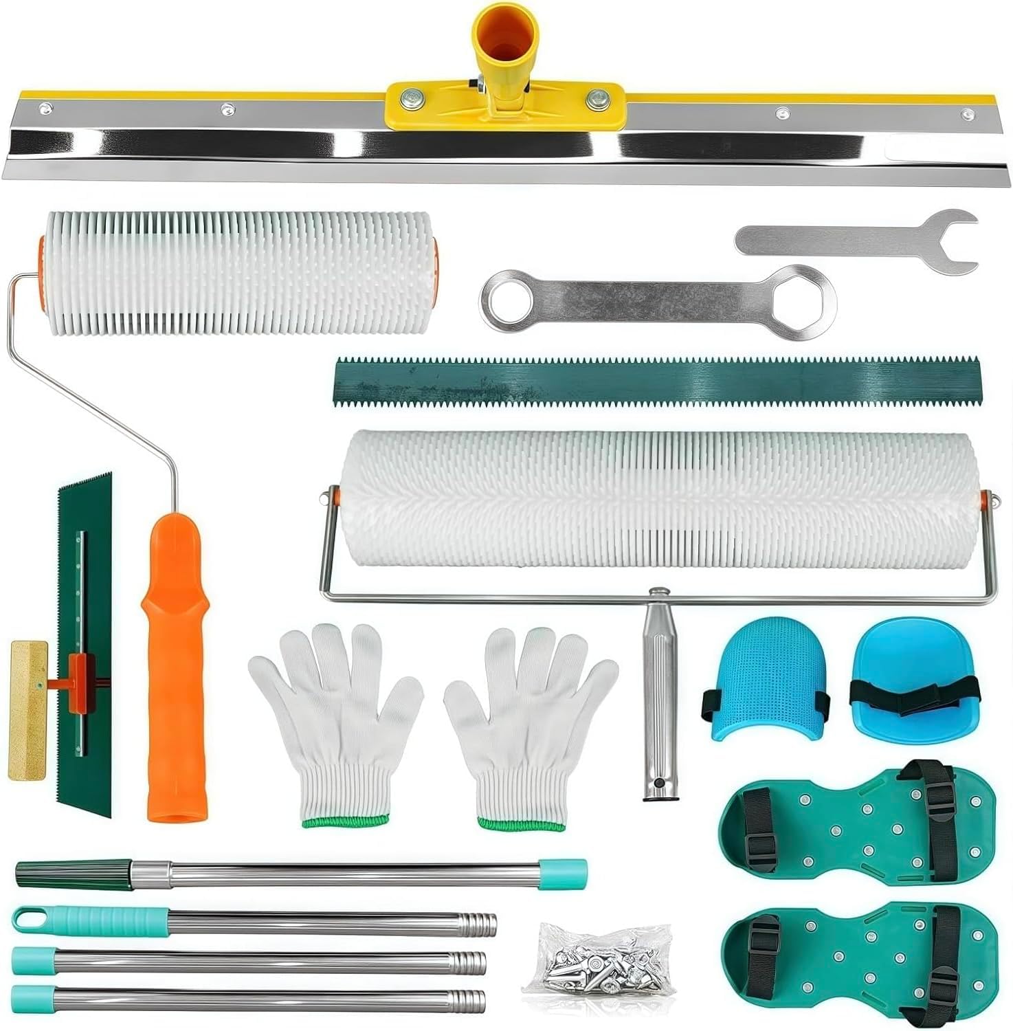 Noliven Upgraded Self Leveling Concrete Tool Kit - Spiked Roller, Paint Roller, Spiked Shoes, Self-leveling Nail, Gloves, Stainless Steel Scraper and Leveling Rake for Epoxy Floor and Cement