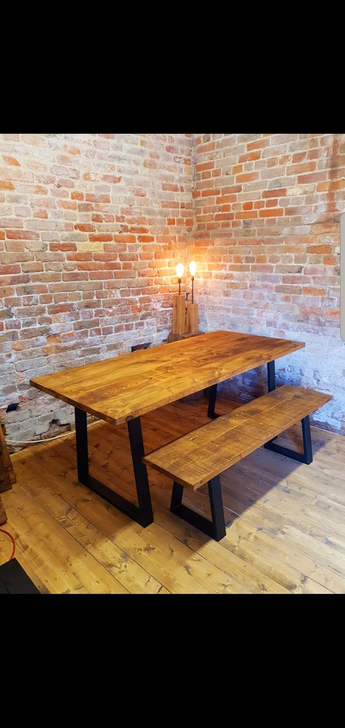 Rustic Dining Table Bench Set With Trapezium Frame Base Vintage Industrial Rustic Reclaimed Effect Amazon Co Uk Handmade