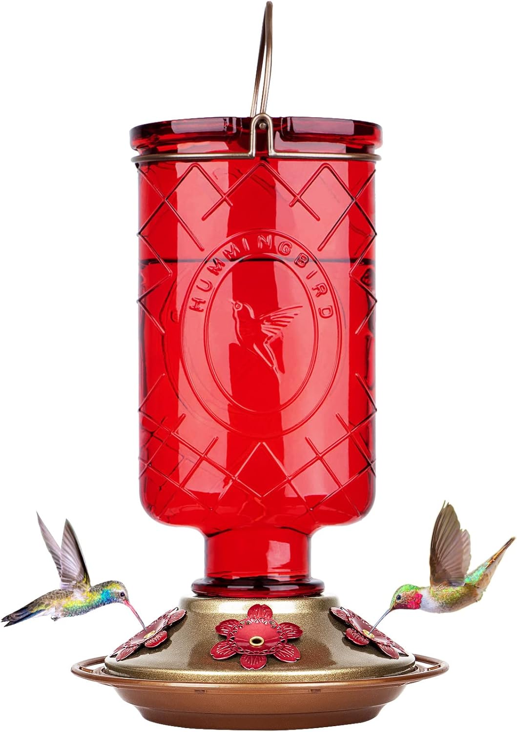 Backyard Birding & Wildlife - BOLITE Hummingbird Feeder, 18005 Glass Hummingbird Feeders for Outdoors Hanging, 5 Feeding Stations, 22 Ounces, Red Bottle