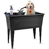 Tehila Freestanding Double-Wide Utility Sink with Steel Legs & Black Pull-Out Faucet, Multi-Purpose Heavy-Duty Laundry Tub an