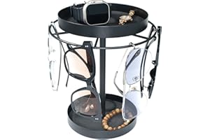 REDANT Metal Sunglasses Organizer, 360° Rotating Glasses Holder Stand with Storage Tray and Jewelry Box, Eyeglasses Holder with Anti-Slip Pads for Tabletop, Desk, Dresser, Black