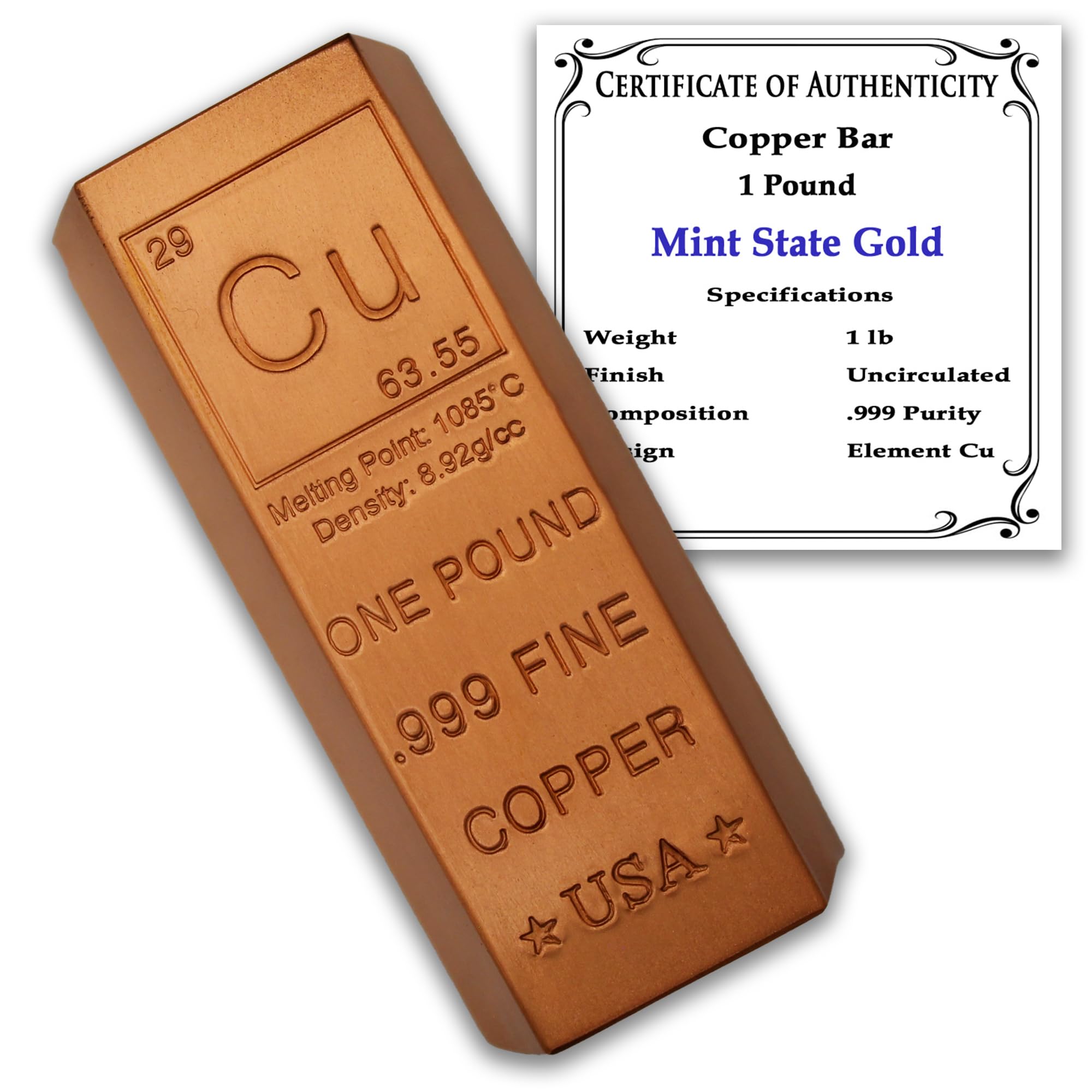 Mint State Gold 1 Pound Copper Bar Ingot Paperweight - 999 Pure Chemistry Element Design with Certificate of Authenticity by