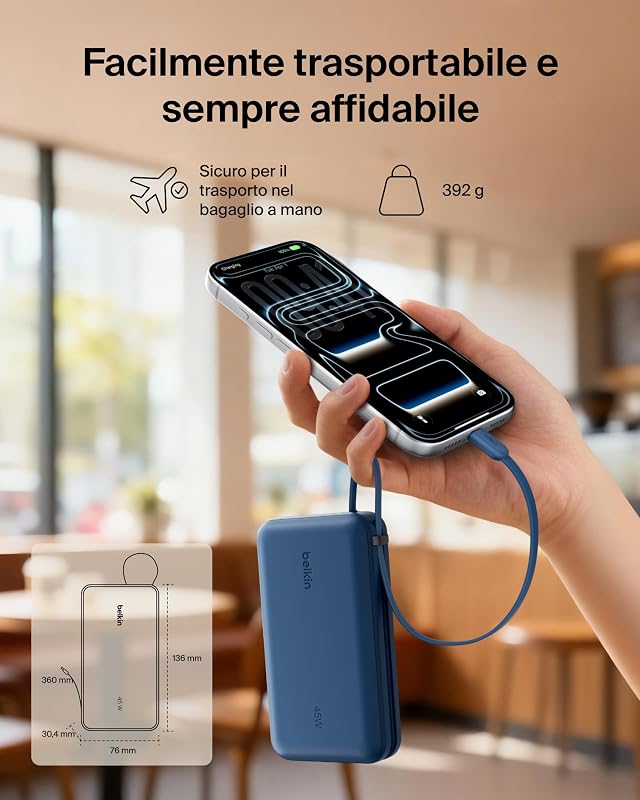 UltraCharge Power Bank 20000mAh con Cavo USB-C e Display - Blu