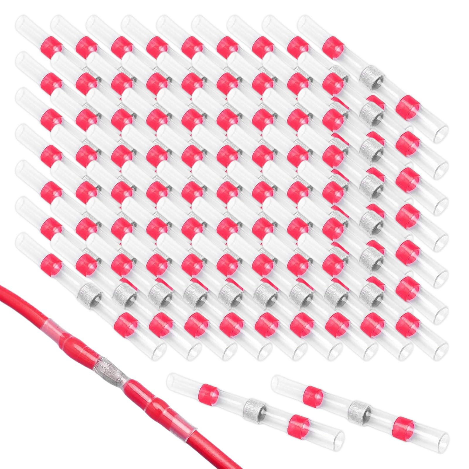 100pcs Red Solder Seal Heat Shrink Wire Connectors 22-18 AWG Electrical Terminals for Car, Marine, and Stereo Joints