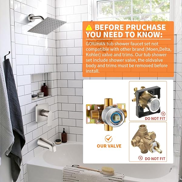 BRUSHED NICKEL TUB SHOWER FAUCET SET COMPLETE WITH 8-INCH RAINFALL SHOWER HEAD AND TUB SPOUT INCLUDED SHOWER VALVE TUB SHOWER TRIM KIT BRUSHED NICKEL