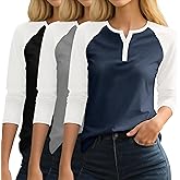 Oakgarden 3 Pack Womens 3/4 Raglan Sleeve Shirts V Neck Baseball Tee Color Block Tops Tunic Blouses Button Henley T Shirts