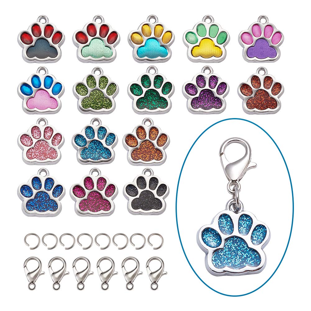 Craftdady 32Pcs Cat Dog Paw Prints Enamel Dangle Pendants 16 Colors Animal Footprint Metal Floating Charms with Jump Rings Lobster Claw Clasps for Jewelry Crafts Making