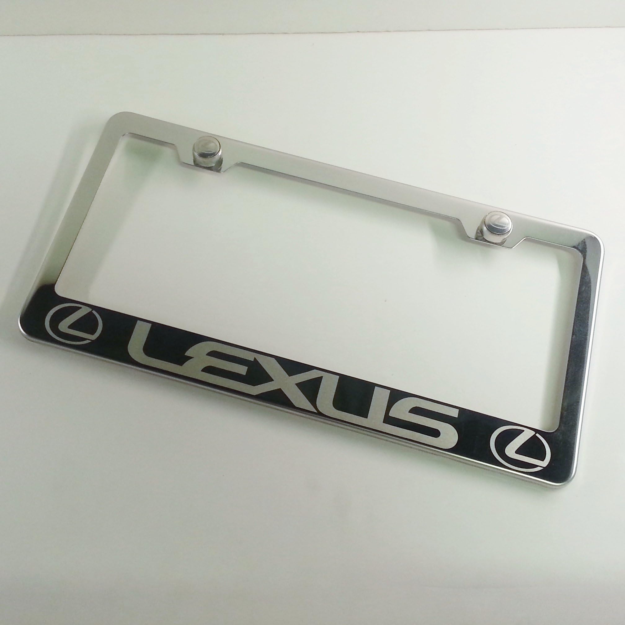 Polish Chrome Laser Engraved Lexus Stainless Steel USA License Plate Frame with Engraved Steel Logo Screw Cap Combo 12.25" X 6.5"